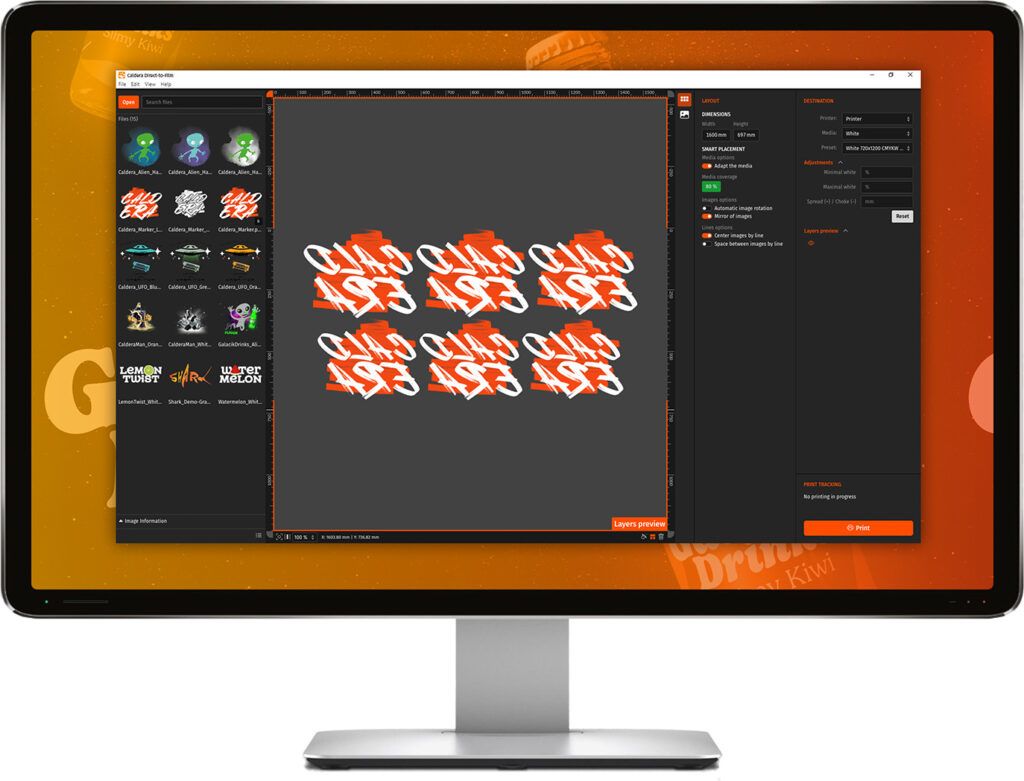 Interface of Caldera Direct-to-Film, a RIP software for DTF printing 