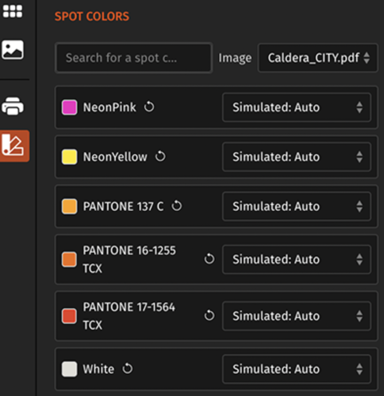 A picture showing the spot color module panel in Caldera's new rip software for DTF 