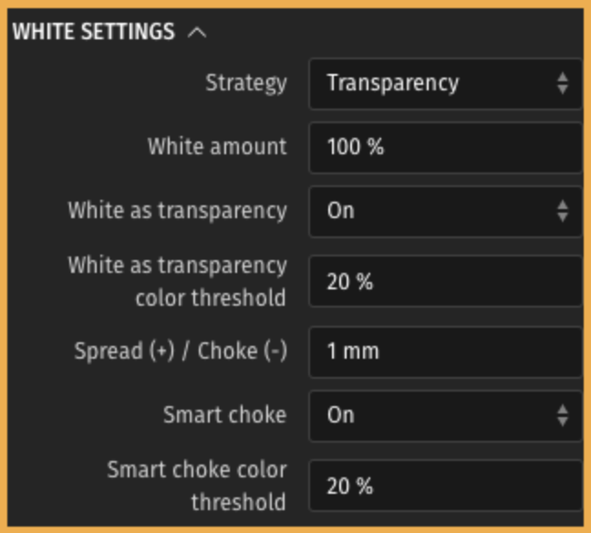 White settings panel in Caldera's new RIP software for DTF 